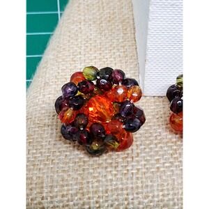 Joan Rivers Glass Beaded Earrings Jewel Tone Brooch Style Cluster Clip On 1 Inch